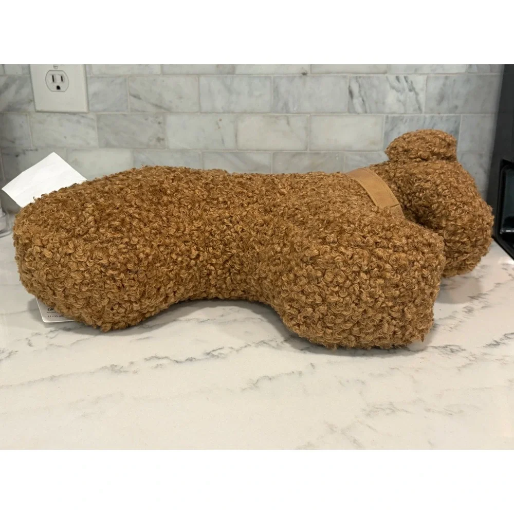 Pottery Barn Cozy Teddy Dog with Bell Faux Fur Pillow Camel Brown Sherpa NWT